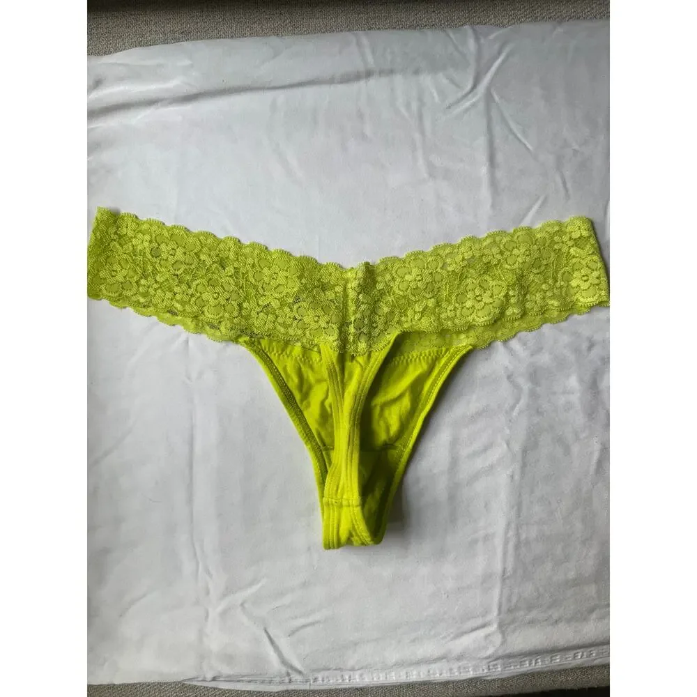 NWOT Vintage Rampage Neon Yellow Lace Thong Panty LOVE Rhinestone Back Size L